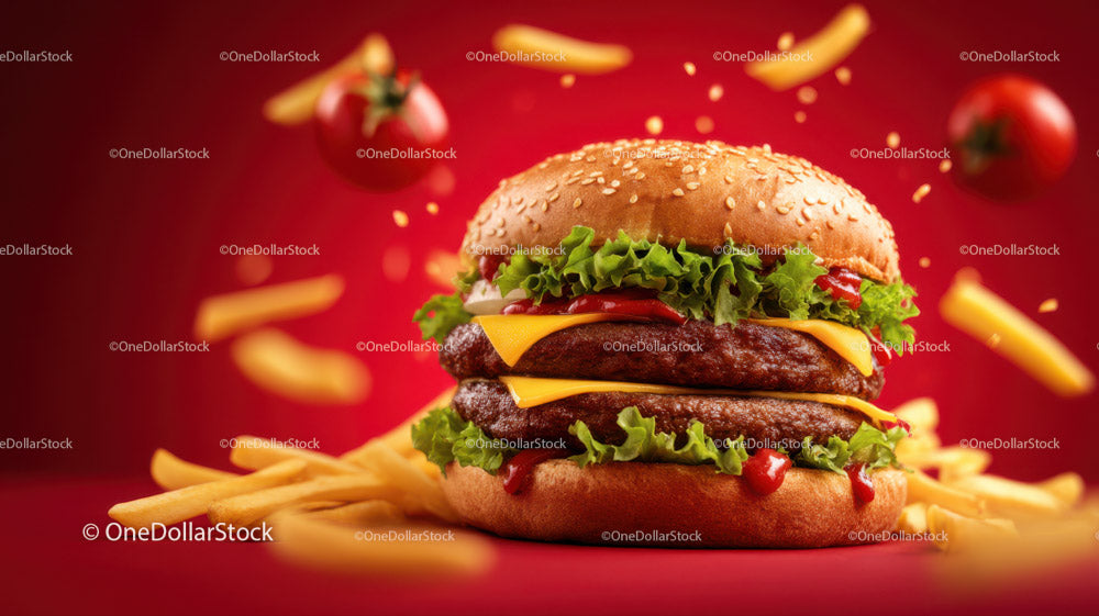Soczysty cheeseburger z sałatą, pomidorem i frytkami