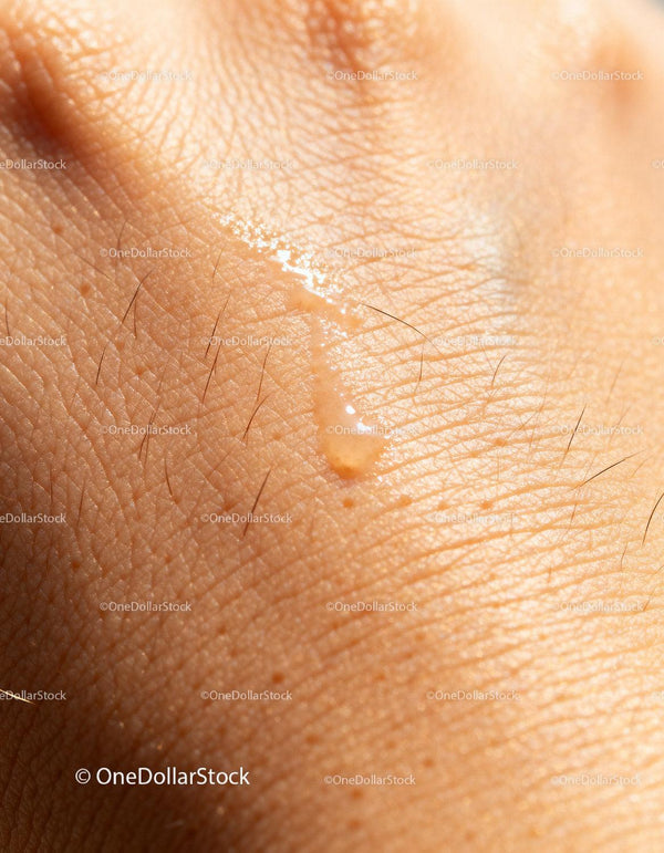 Close-up of skin with drop of skincare serum