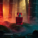 Luxury Red Perfume Bottle in Mystical Forest Scene