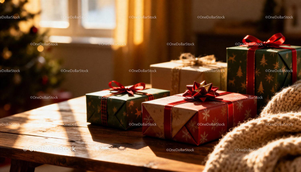 Christmas Gifts Wrapped with Ribbons on Wooden Table