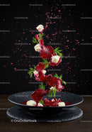 Beetroot chips with cheese and dill in mid-air splash