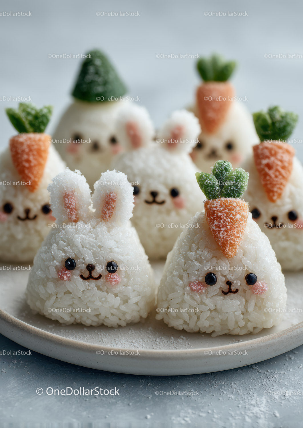 Cute Bunny Rice Balls with Carrot and Green Leaf Decorations
