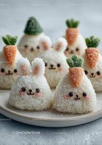 Cute Bunny Rice Balls with Carrot and Green Leaf Decorations