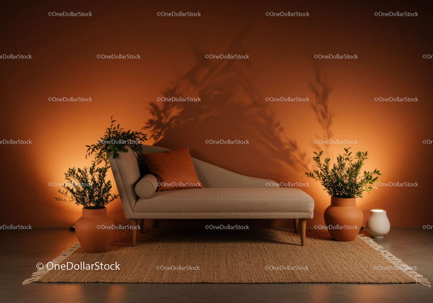 Modern beige chaise lounge with plants in warm room