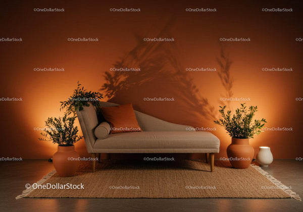 Modern beige chaise lounge with plants in warm room