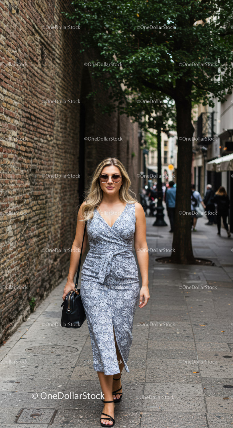 Chic Woman in Stylish Summer Dress Walking Down City Street
