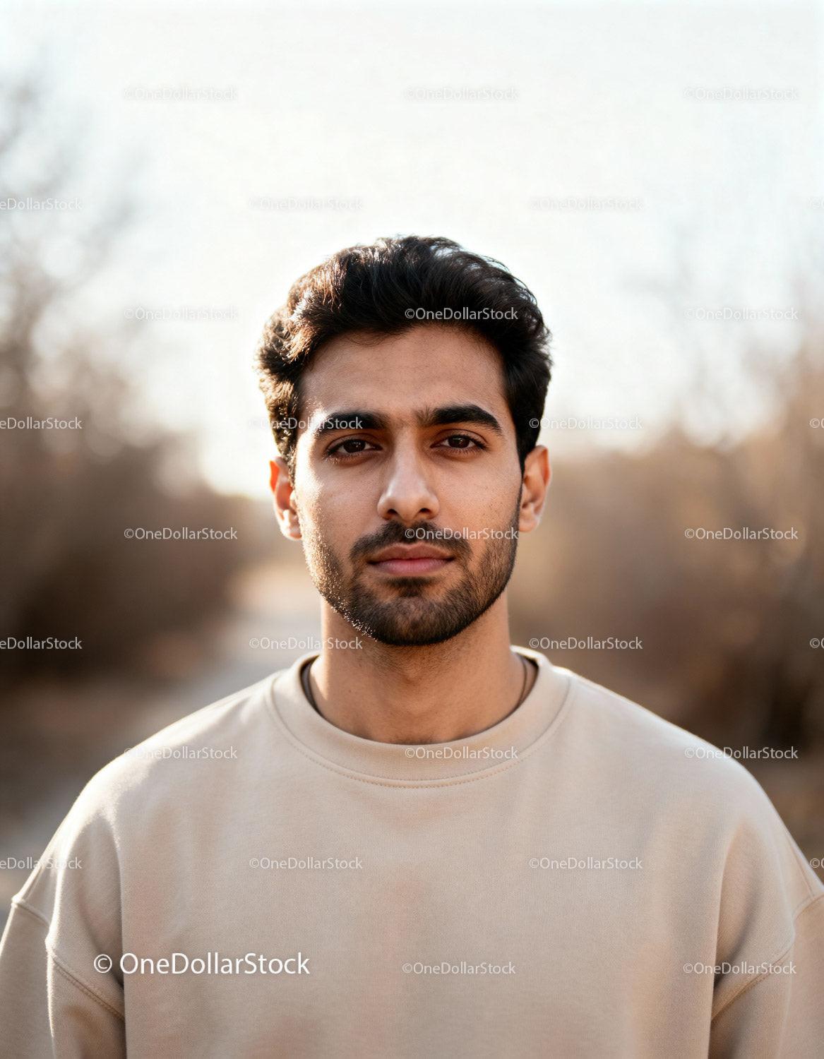 Confident young man in casual beige sweatshirt outdoors