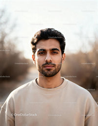 Confident young man in casual beige sweatshirt outdoors
