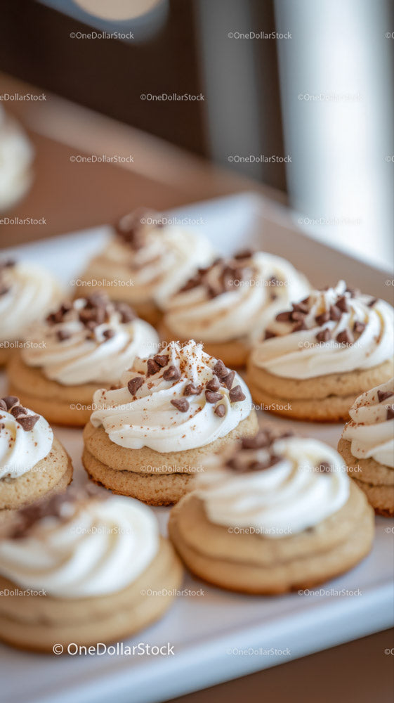 Vanilla Cream Cupcakes with Chocolate Sprinkles on dessert tray
