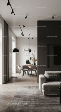 Minimalist modern living and dining area with neutral tones