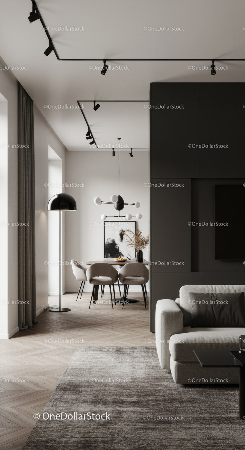 Minimalist modern living and dining area with neutral tones