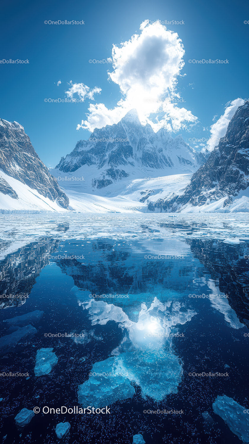 Majestic Snow-Covered Mountain Range Over Glacial Lake in Blue Sky