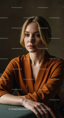 Elegant Woman in Brown Silk Blouse in Indoor Studio Portrait