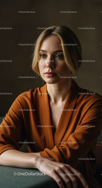 Elegant Woman in Brown Silk Blouse in Indoor Studio Portrait