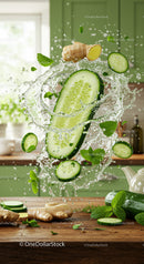 Fresh cucumber and ginger splash with mint leaves