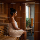 Woman Relaxing in Sauna with Wooden Interior in Wellness Center