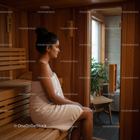 Woman Relaxing in Sauna with Wooden Interior in Wellness Center