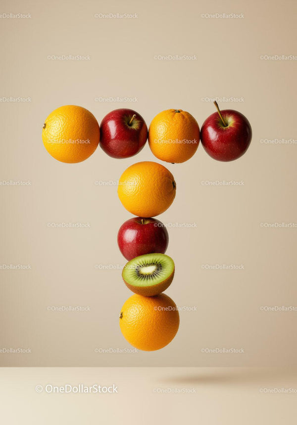 Balanced composition of fresh fruits vertically aligned