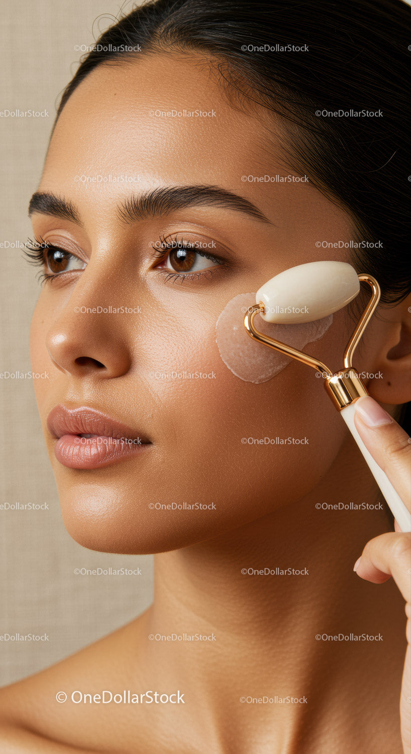 Close-up of Woman Receiving Facial Skincare Treatment with Dermaroller