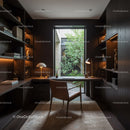 Modern home office with large window and natural light