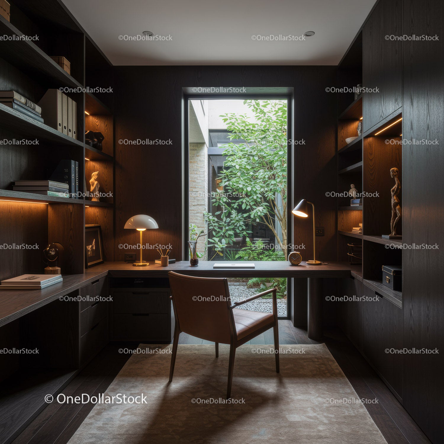 Modern home office with large window and natural light