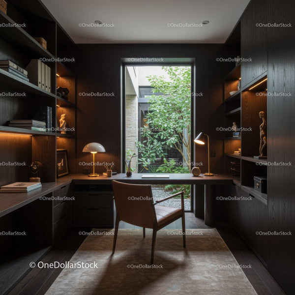 Modern home office with large window and natural light