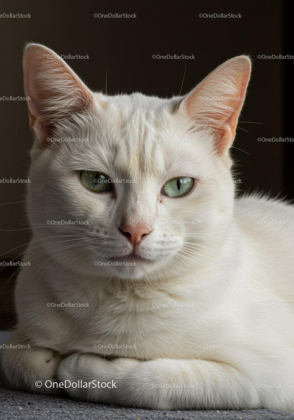 Close up of calm white cat with green eyes