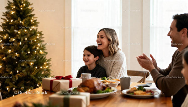 Family enjoying festive meal by decorated Christmas tree