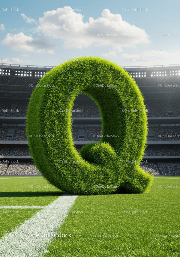 Green Grass Letter Q on Soccer Field with Stadium Crowd