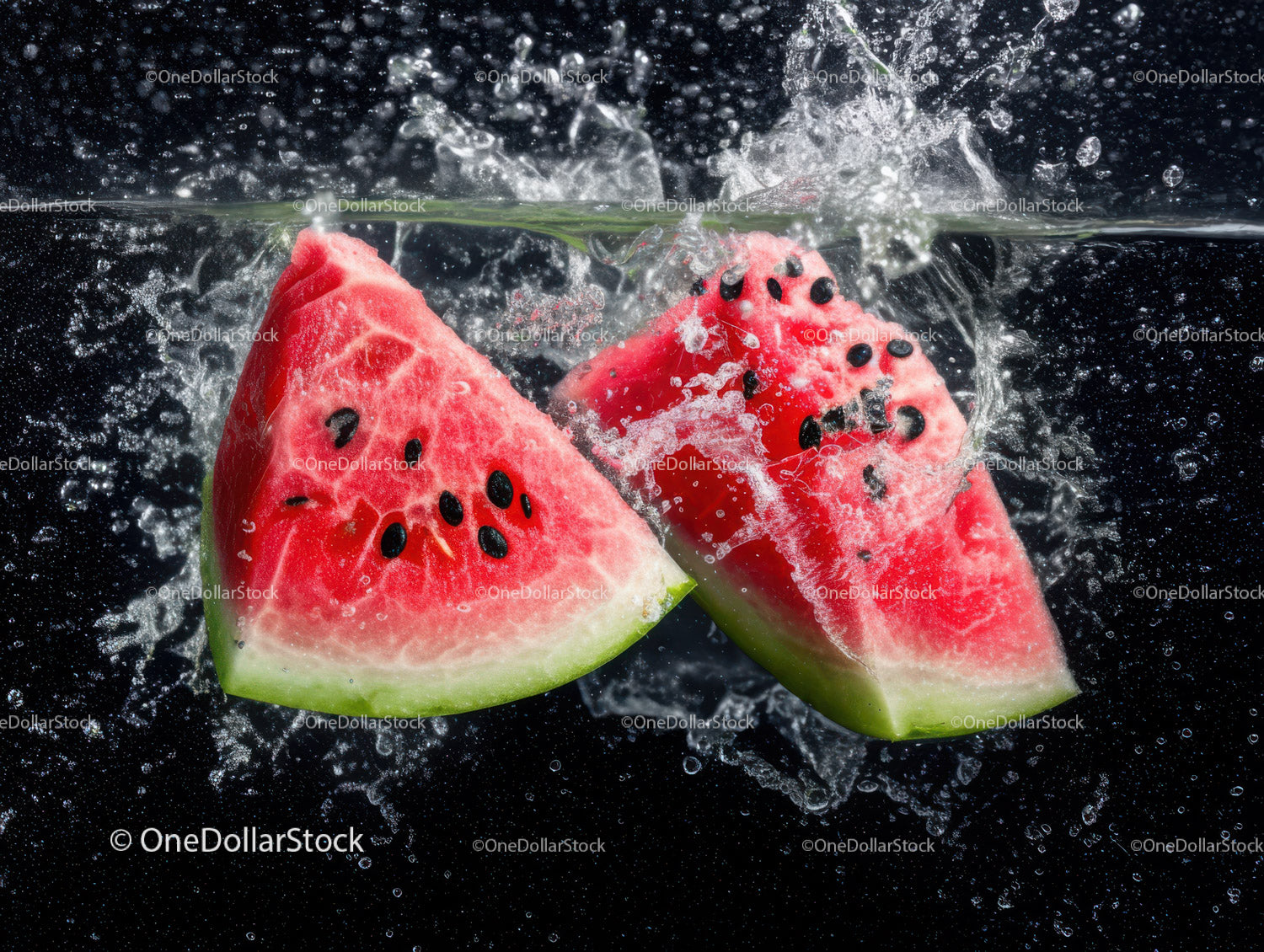 Vibrant Watermelon Slices Splashing in Water for Refreshing Summer Vibe