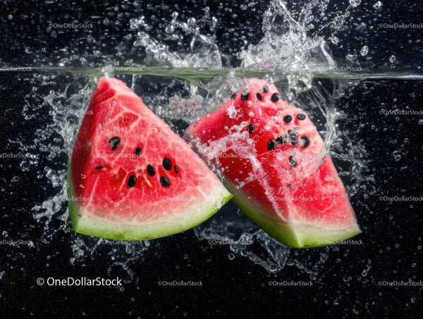 Vibrant Watermelon Slices Splashing in Water for Refreshing Summer Vibe