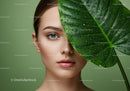 Beautiful Woman with Water Droplets on a Large Tropical Leaf