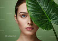 Beautiful Woman with Water Droplets on a Large Tropical Leaf