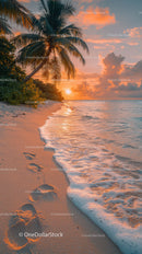 Scenic Tropical Beach Sunset with Palm Trees and Ocean Waves
