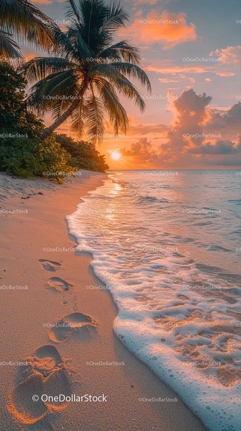 Scenic Tropical Beach Sunset with Palm Trees and Ocean Waves