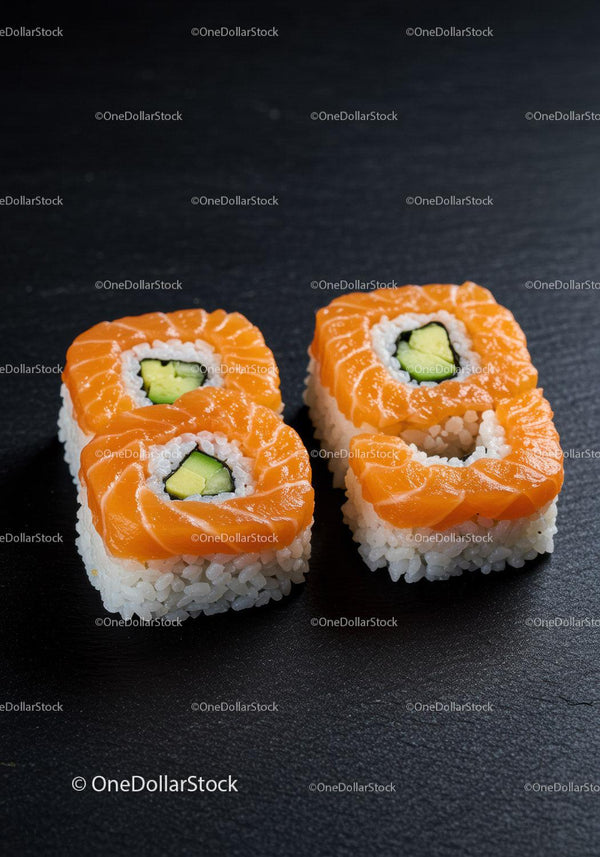 Fresh Salmon Sushi Rolls with Avocado on Black Plate