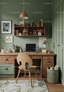 Childrens Study Corner with Wooden Desk and Green Wall Decoration