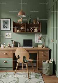 Childrens Study Corner with Wooden Desk and Green Wall Decoration