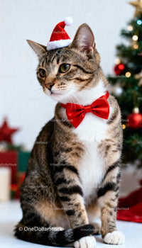 Tabby Cat Wearing Santa Hat and Red Bow Tie