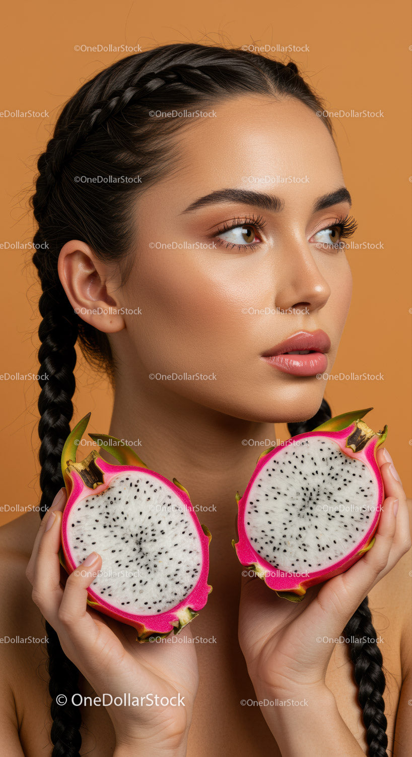 Beautiful Woman with Braided Hair Holding Fresh Dragon Fruit