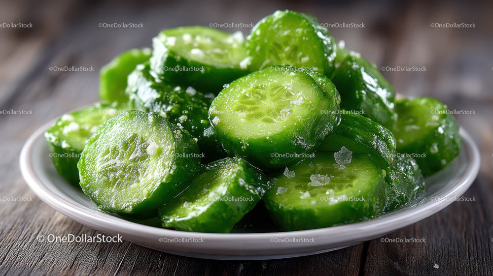 Fresh Green Cucumber Slices on a White Plate