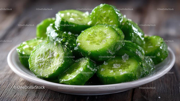 Fresh Green Cucumber Slices on a White Plate