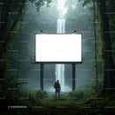 Explorer standing before large billboard near waterfall