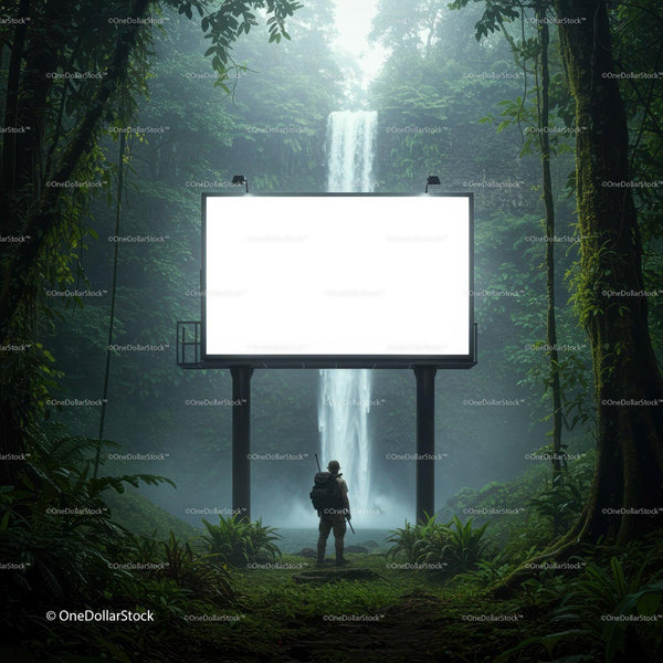 Explorer standing before large billboard near waterfall JPG Mockup Image