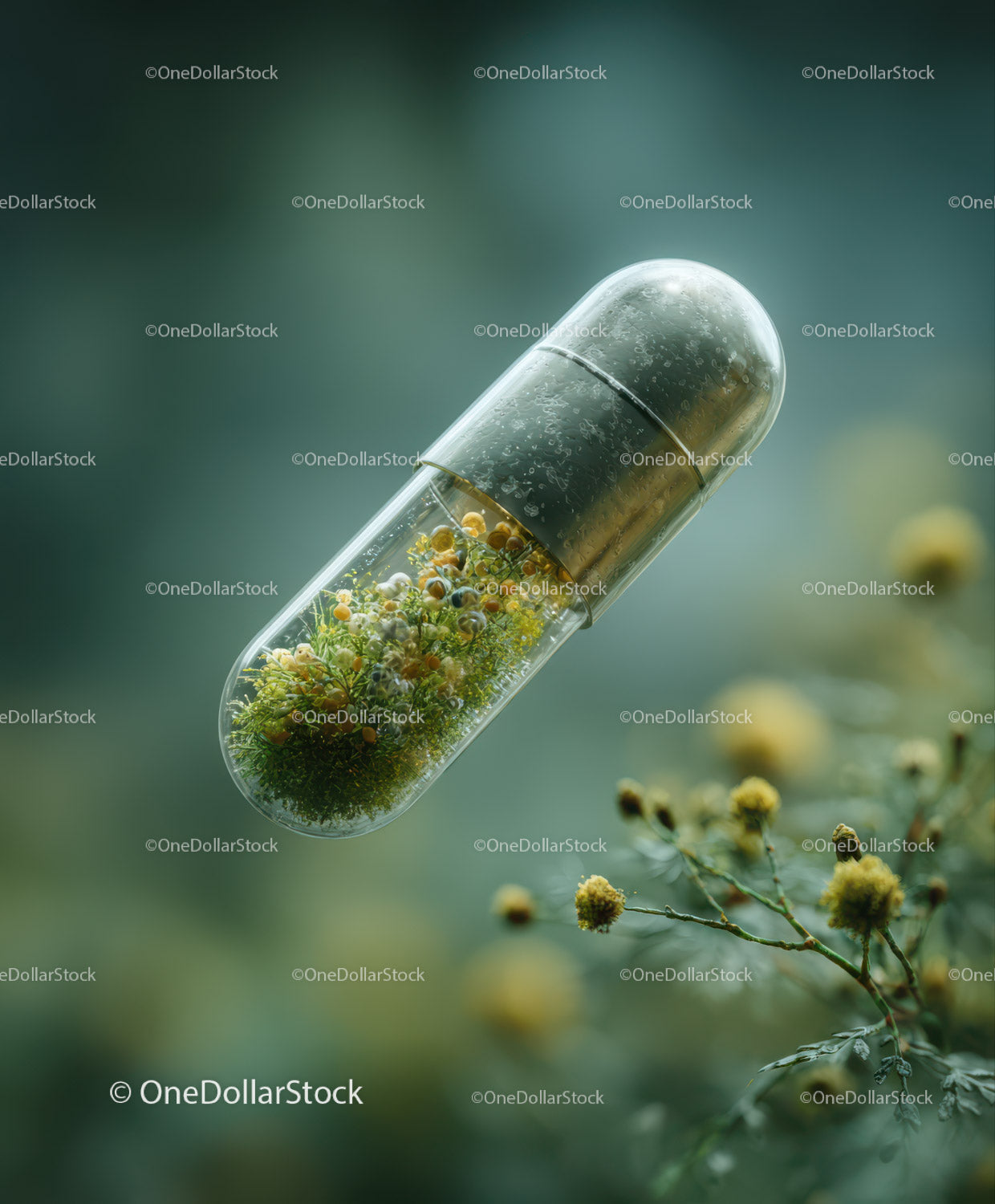 Herbal Capsule with Moss and Tiny Plants In Eco Friendly Context