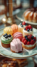Colorful Assorted Macarons and Fruit Toppings on Dessert Plate