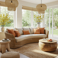 Bright living room with natural rattan furniture and cushions