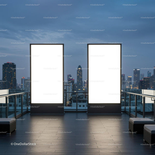 Blank illuminated billboards on rooftop with city skyline JPG Mockup Image