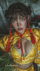 Young Woman with Piercing Blue Eyes in Vibrant Traditional Clothing