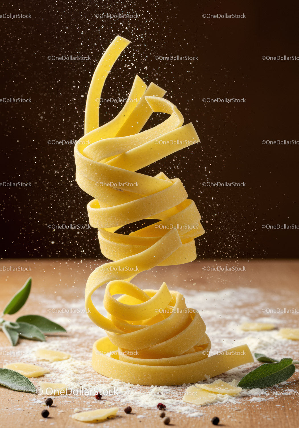 Fresh fettuccine pasta spiraling with flour dust